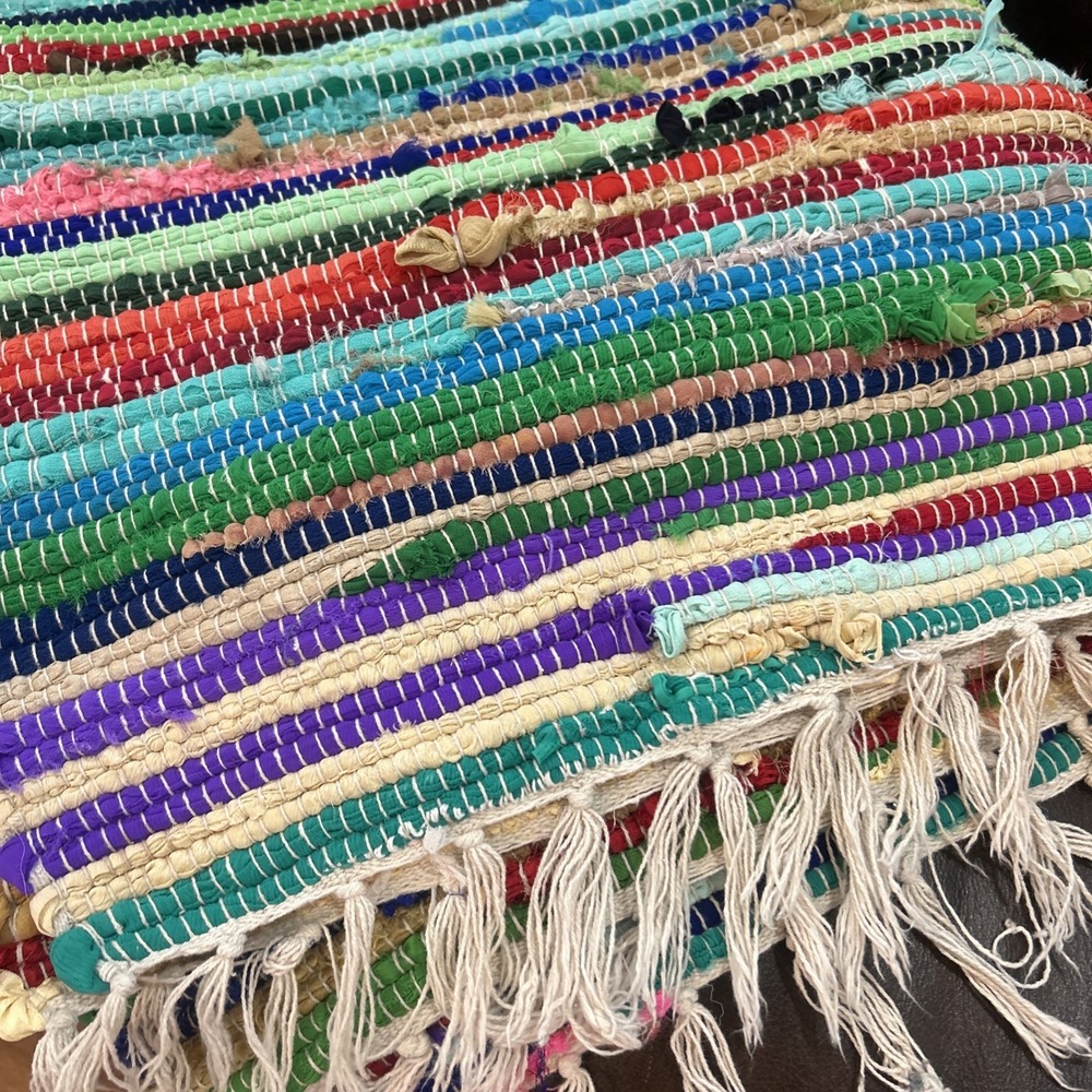 Vintage Rag Rug Handwoven Boho Farmhouse Cottage Chic Accent 58"X 36" + Fringe